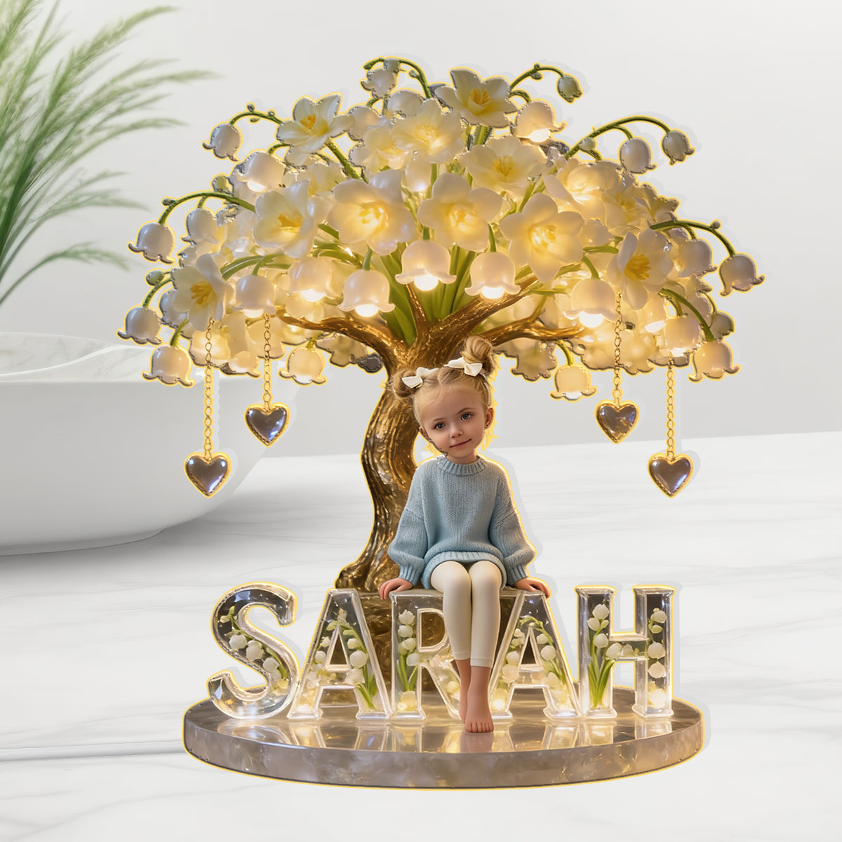 Personalisierbares LED-Nachtlicht aus Acryl für Kinder – Foto und Geburtsmonatsblume nach Wunsch.