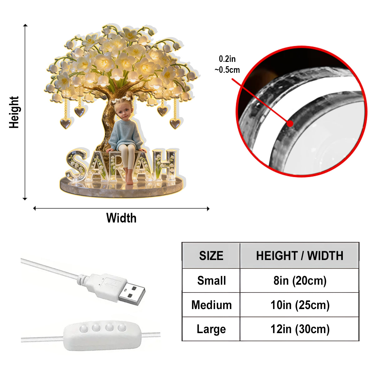 Personalisierbares LED-Nachtlicht aus Acryl für Kinder – Foto und Geburtsmonatsblume nach Wunsch.