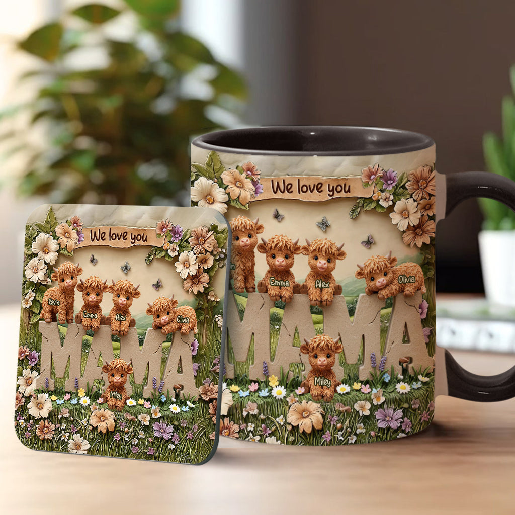 Niedliche Hochlandkuh-Mama - Personalisierte Tasse mit Muttermotiv