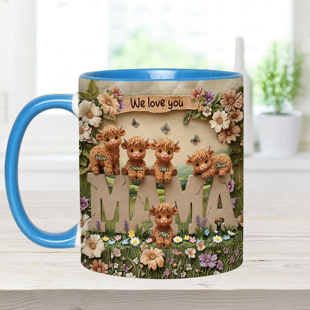 Niedliche Hochlandkuh-Mama - Personalisierte Tasse mit Muttermotiv