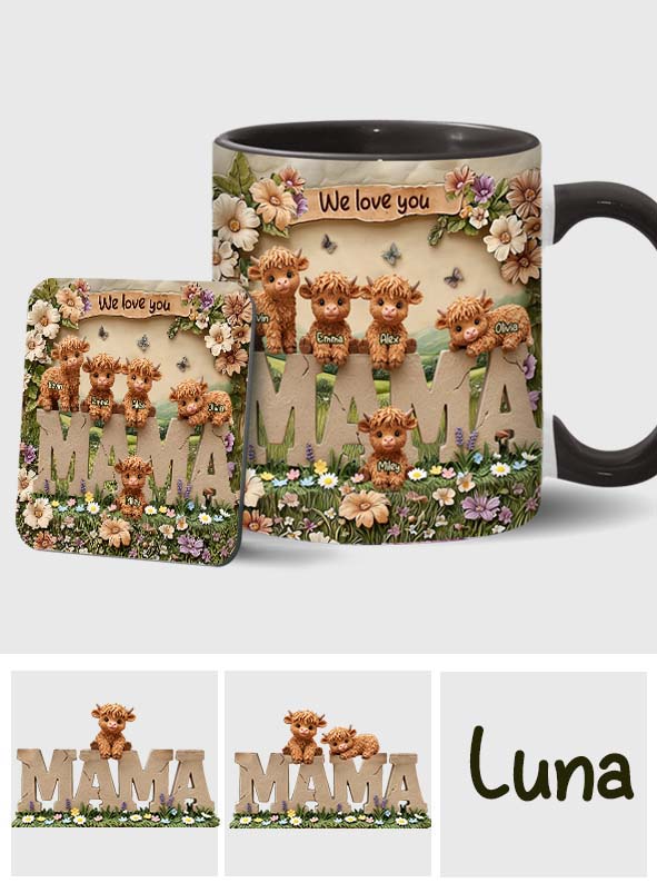 Niedliche Hochlandkuh-Mama - Personalisierte Tasse mit Muttermotiv