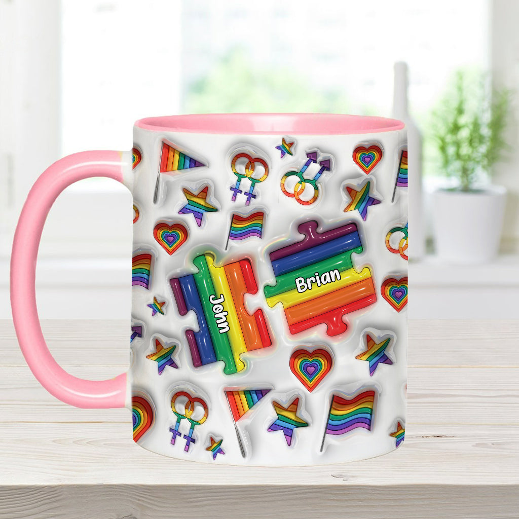„Liebe ist Liebe“-Paarpuzzle – Personalisierte Tasse mit LGBT-Unterstützungs-Akzent