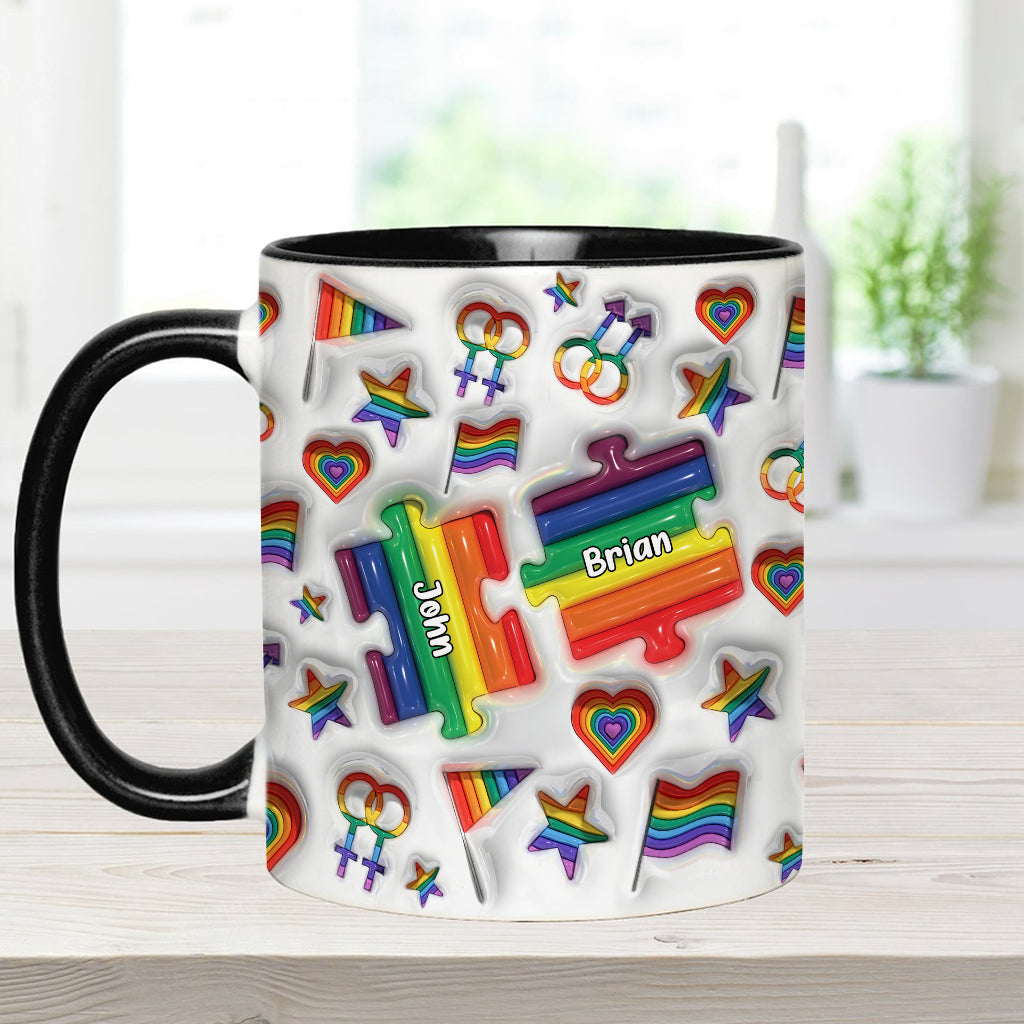 „Liebe ist Liebe“-Paarpuzzle – Personalisierte Tasse mit LGBT-Unterstützungs-Akzent