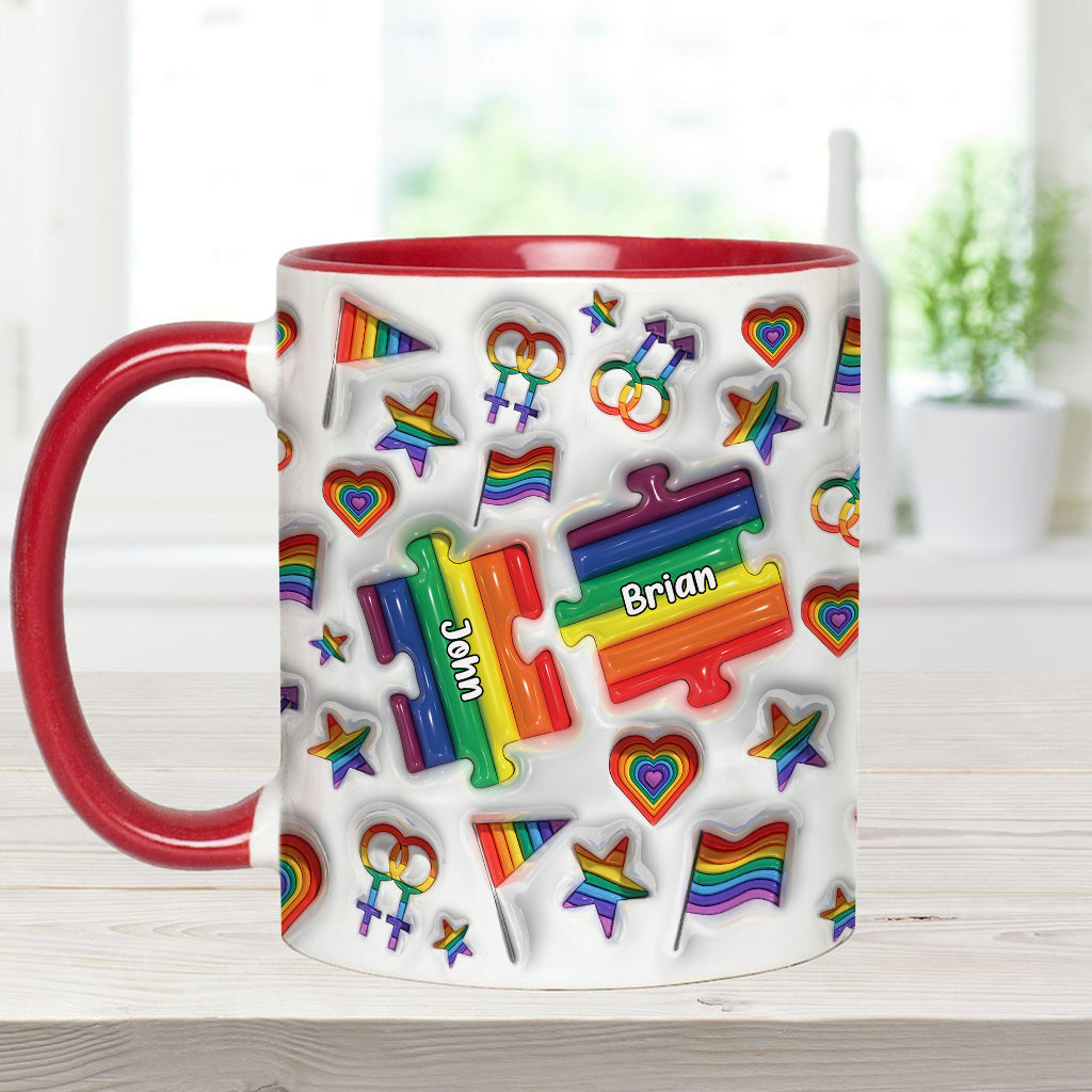 „Liebe ist Liebe“-Paarpuzzle – Personalisierte Tasse mit LGBT-Unterstützungs-Akzent