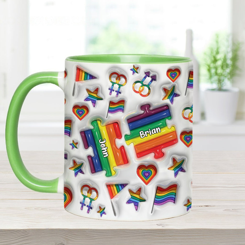 „Liebe ist Liebe“-Paarpuzzle – Personalisierte Tasse mit LGBT-Unterstützungs-Akzent