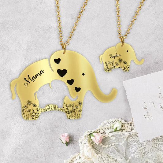 Cute Foral Elephant Mom & Child Necklace - Personalized Mother Matching Pendant Necklace
