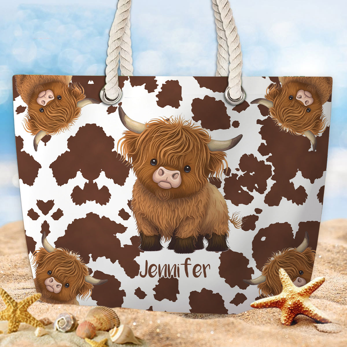 Niedliche Hochlandkuh – Personalisierte Strandtasche mit Hochlandkuh-Motiv