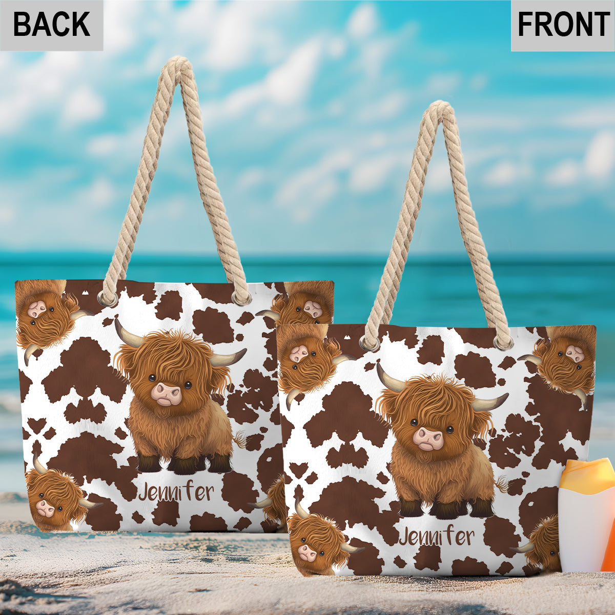 Niedliche Hochlandkuh – Personalisierte Strandtasche mit Hochlandkuh-Motiv