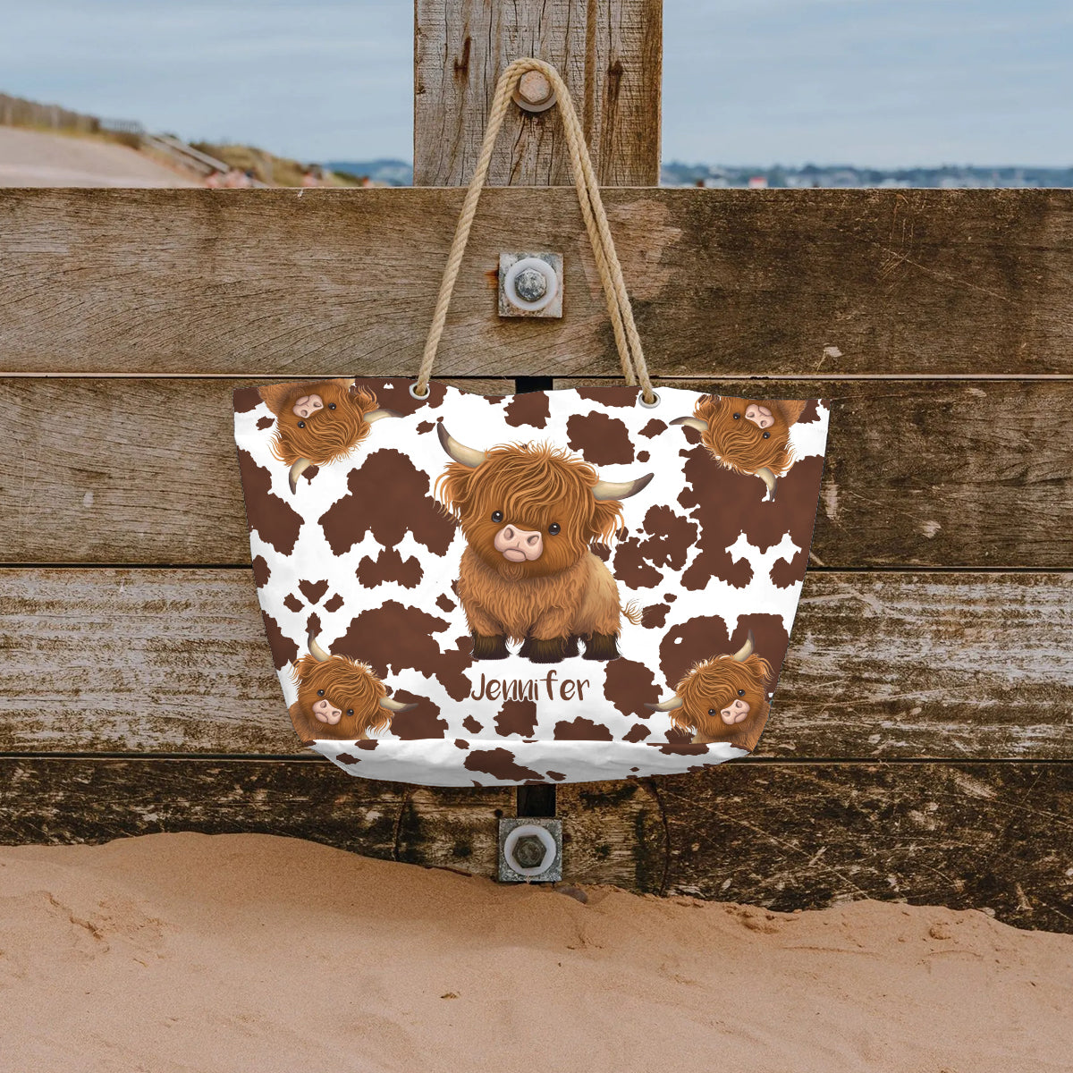 Niedliche Hochlandkuh – Personalisierte Strandtasche mit Hochlandkuh-Motiv
