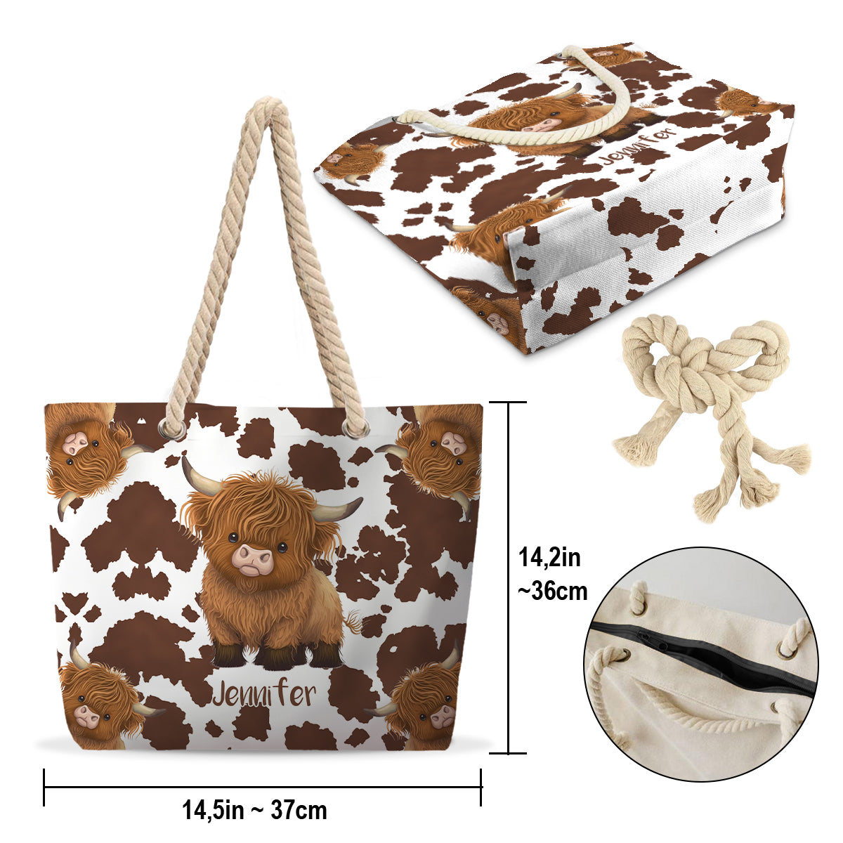 Niedliche Hochlandkuh – Personalisierte Strandtasche mit Hochlandkuh-Motiv