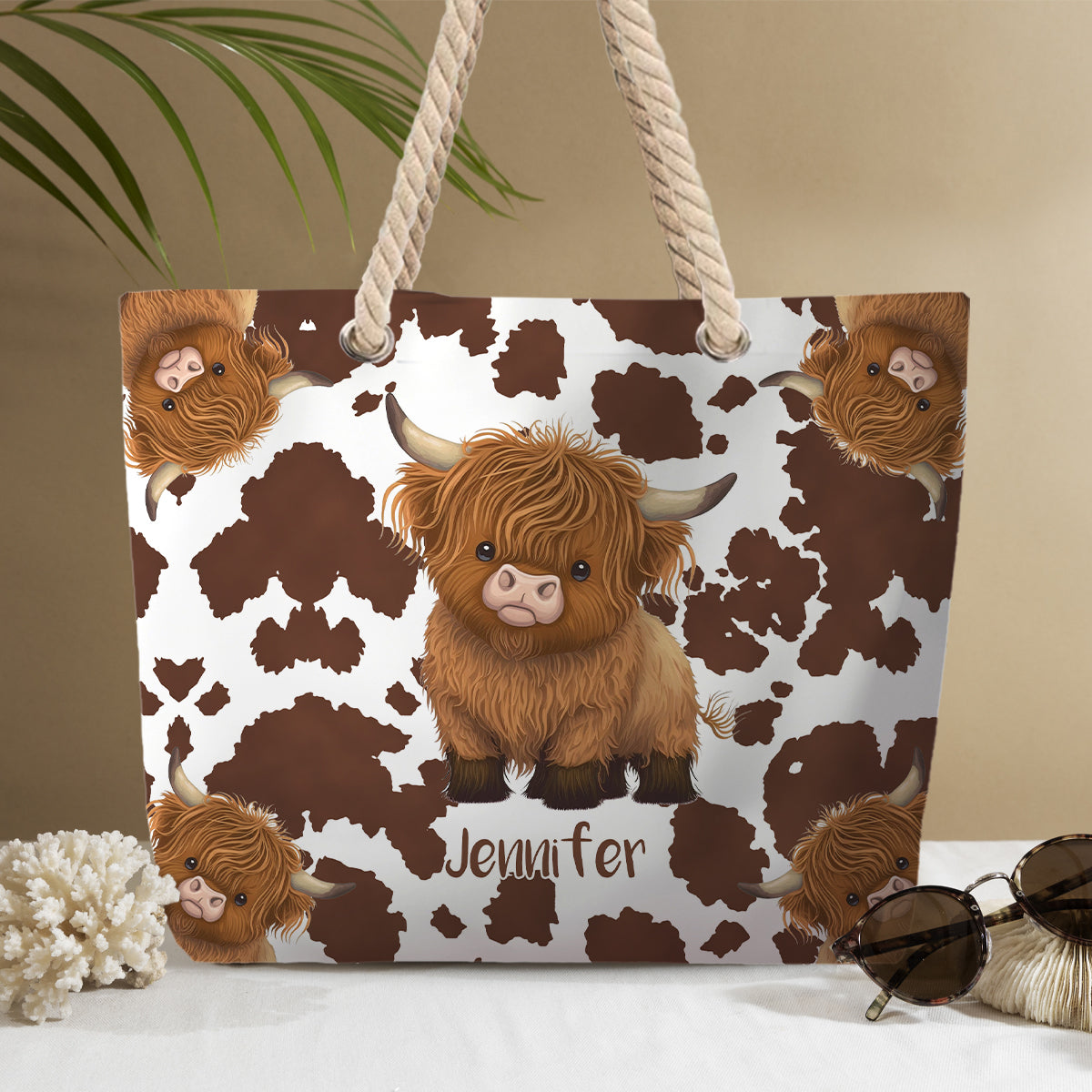 Niedliche Hochlandkuh – Personalisierte Strandtasche mit Hochlandkuh-Motiv