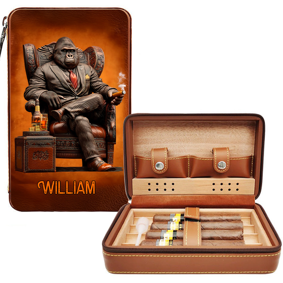 Whiskey & Cigar Gorilla - Personalized Whisky Travel Cigar Humidor Case
