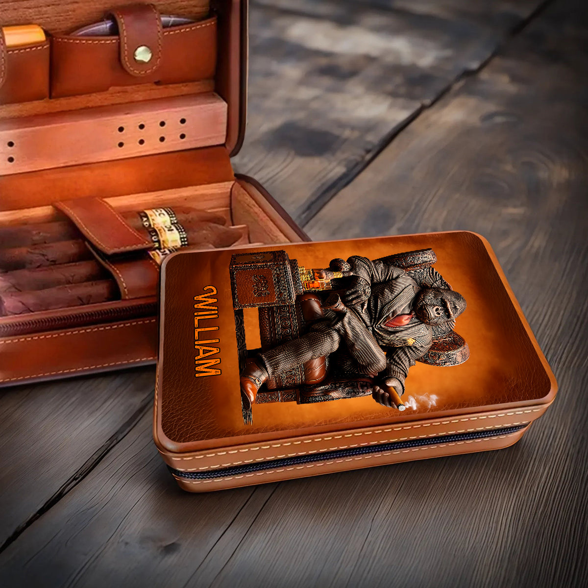 Whiskey & Cigar Gorilla - Personalized Whisky Travel Cigar Humidor Case