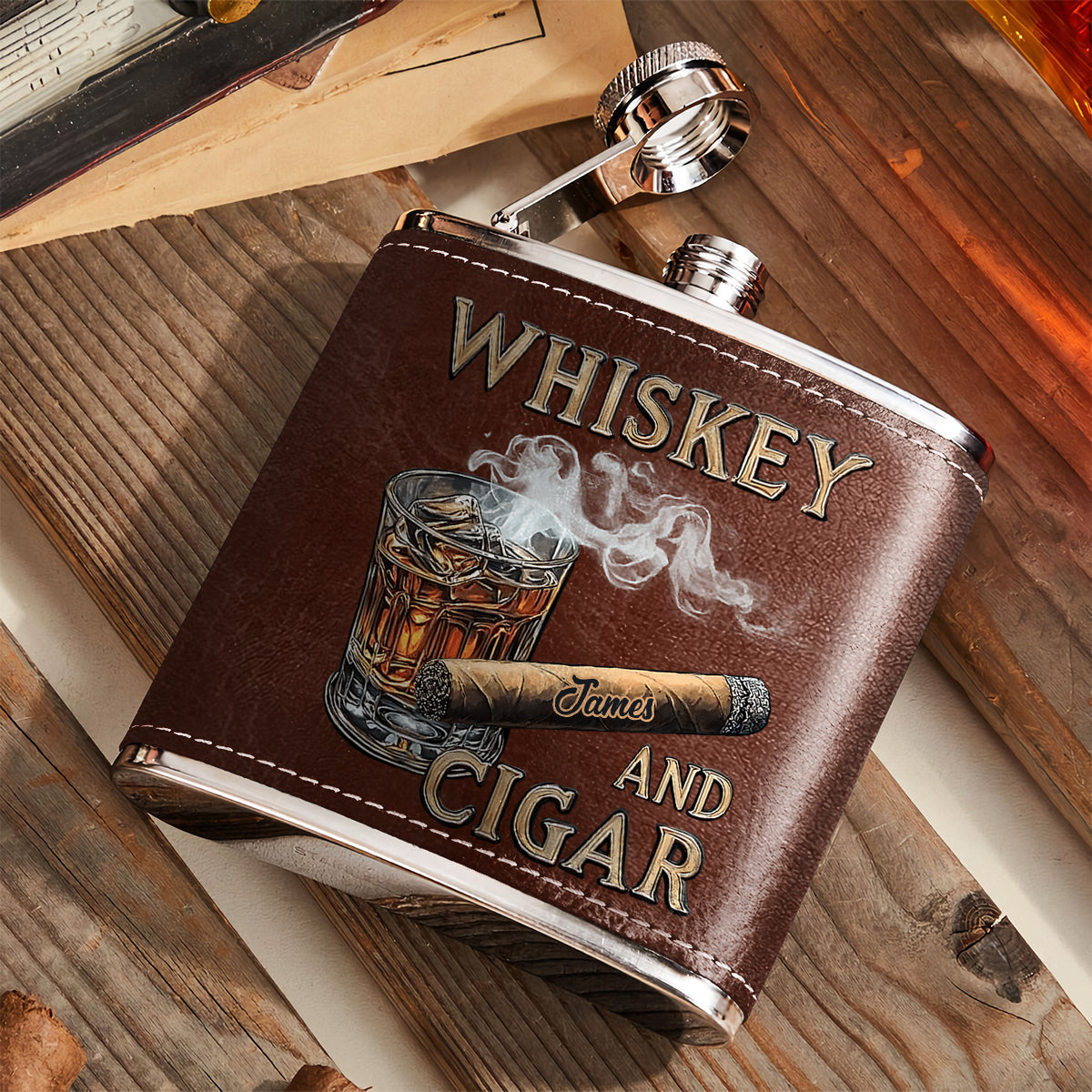 Whiskey und Zigarre – Personalisierter Whisky-Flachmann
