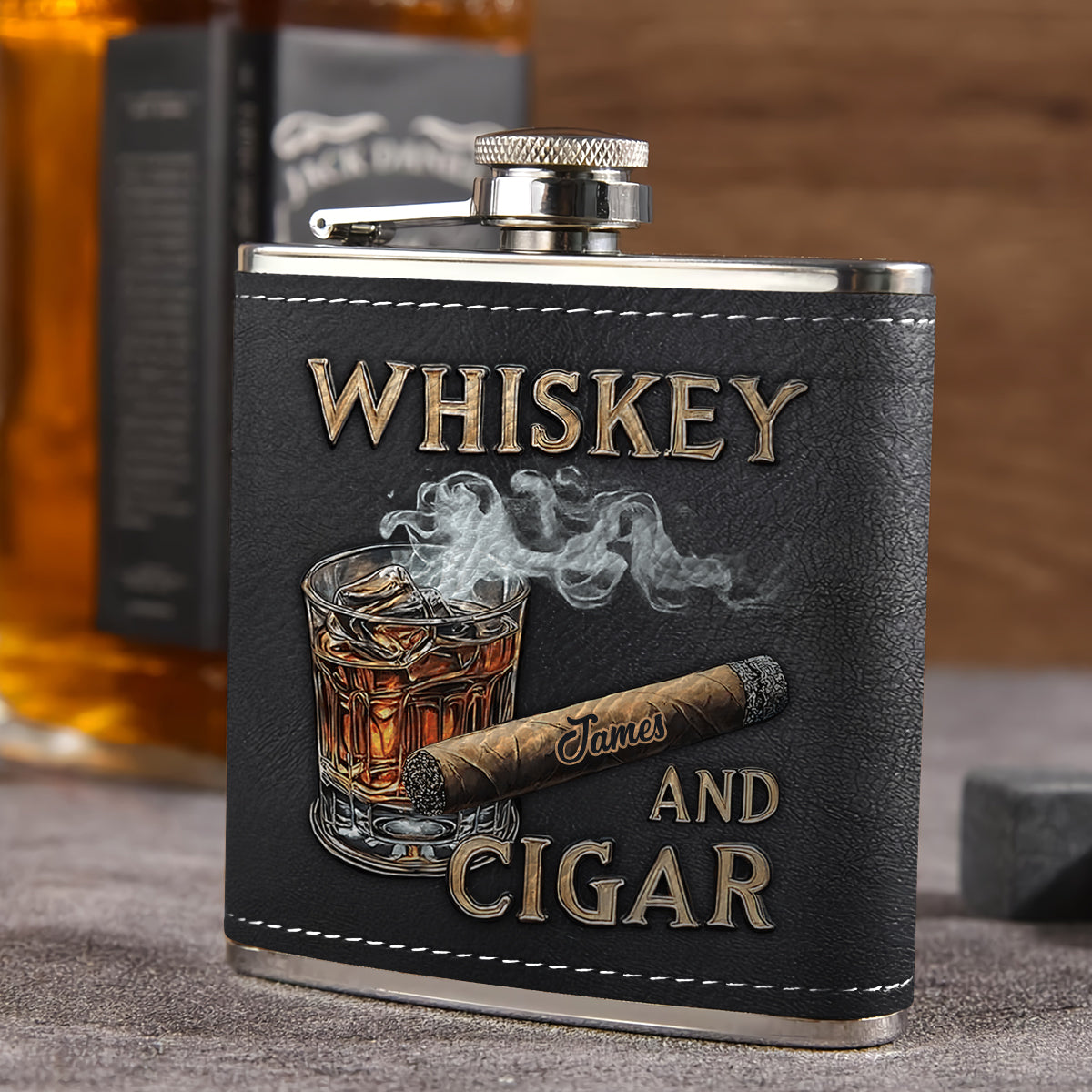 Whiskey und Zigarre – Personalisierter Whisky-Flachmann