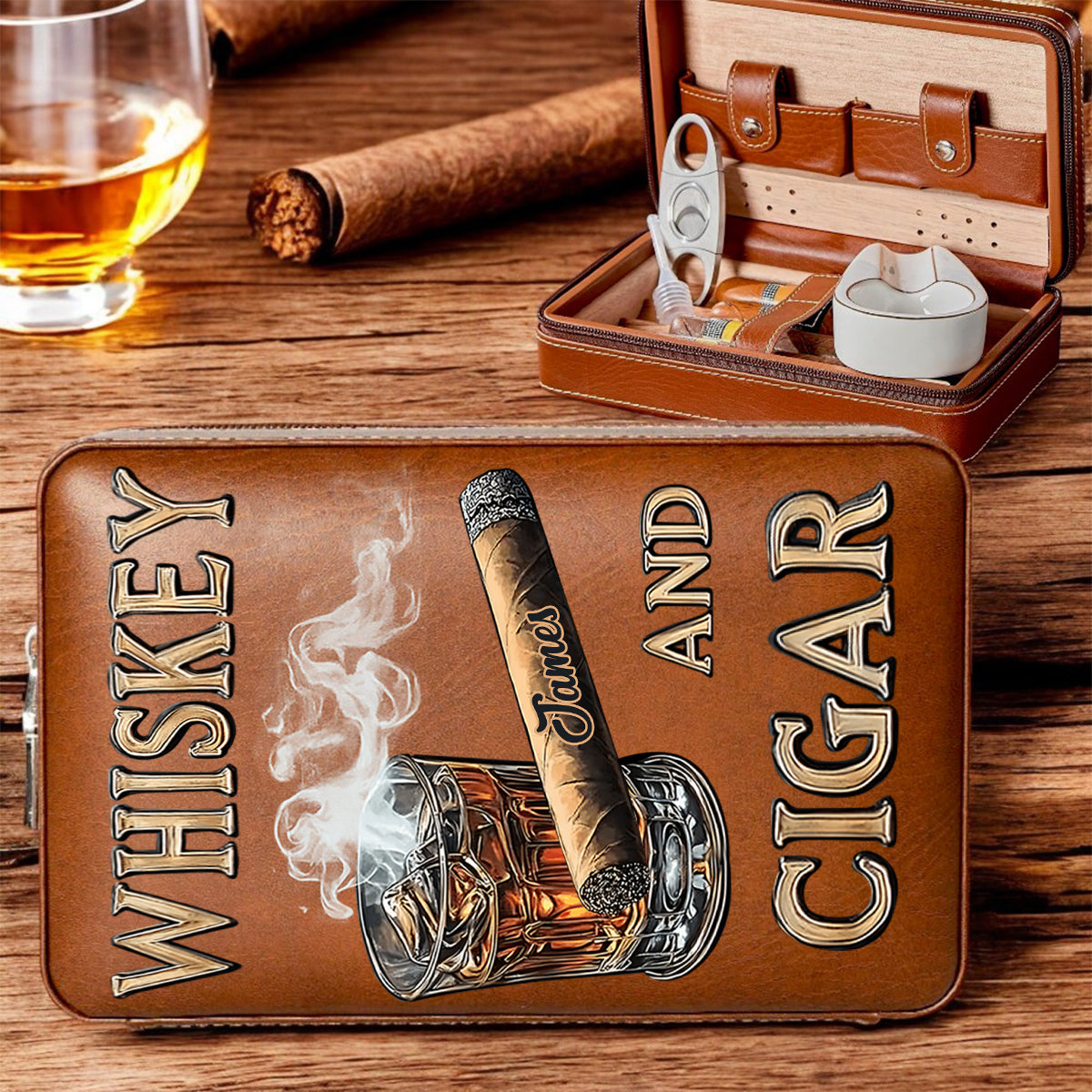 Whisky und Zigarre – Personalisierter Reisehumidor für Whisky und Zigarren
