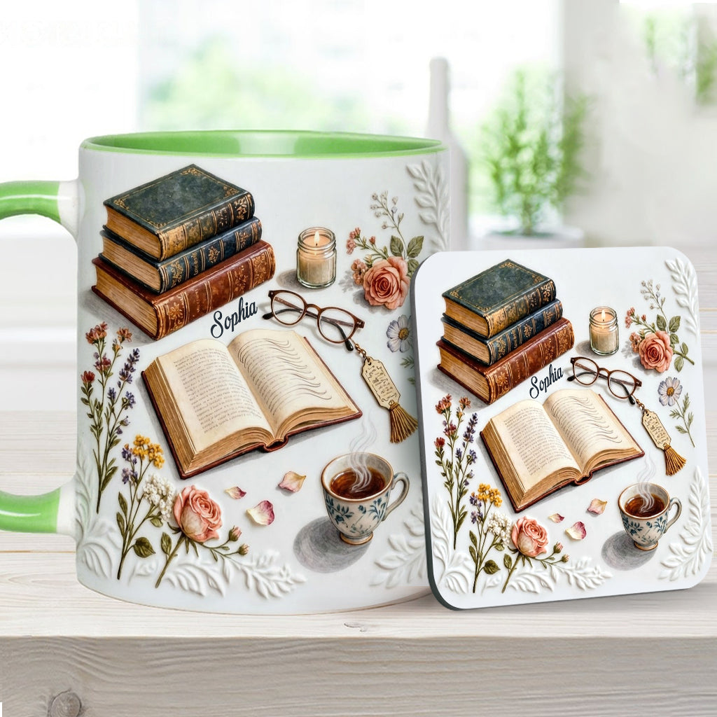 Einfach ein Mädchen, das Bücher liebt – Personalisierte Tasse und Untersetzer mit Buchmotiv