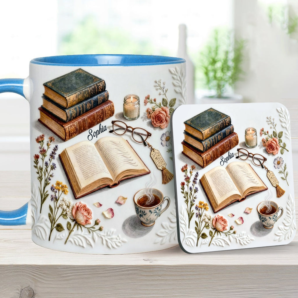 Einfach ein Mädchen, das Bücher liebt – Personalisierte Tasse und Untersetzer mit Buchmotiv