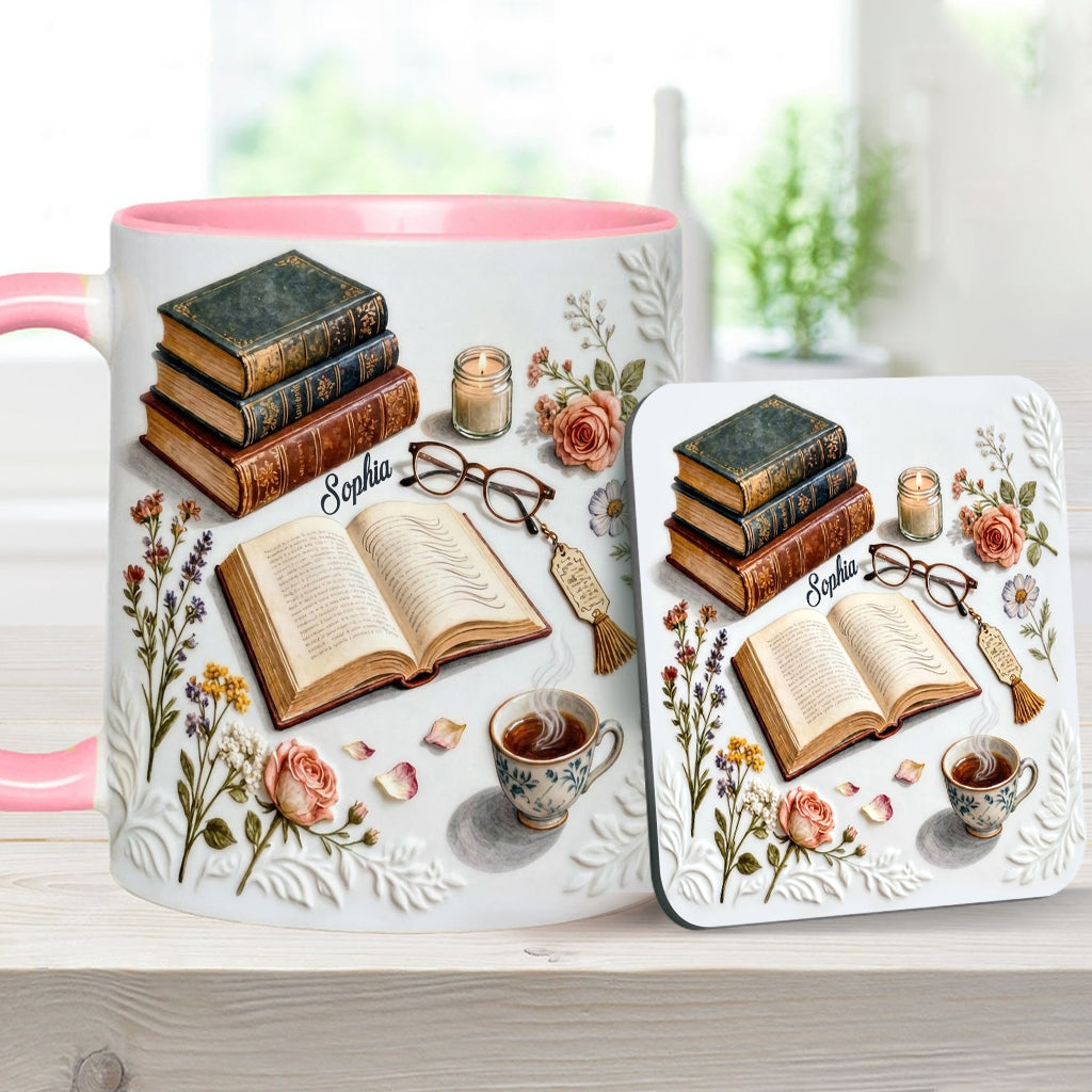 Einfach ein Mädchen, das Bücher liebt – Personalisierte Tasse und Untersetzer mit Buchmotiv