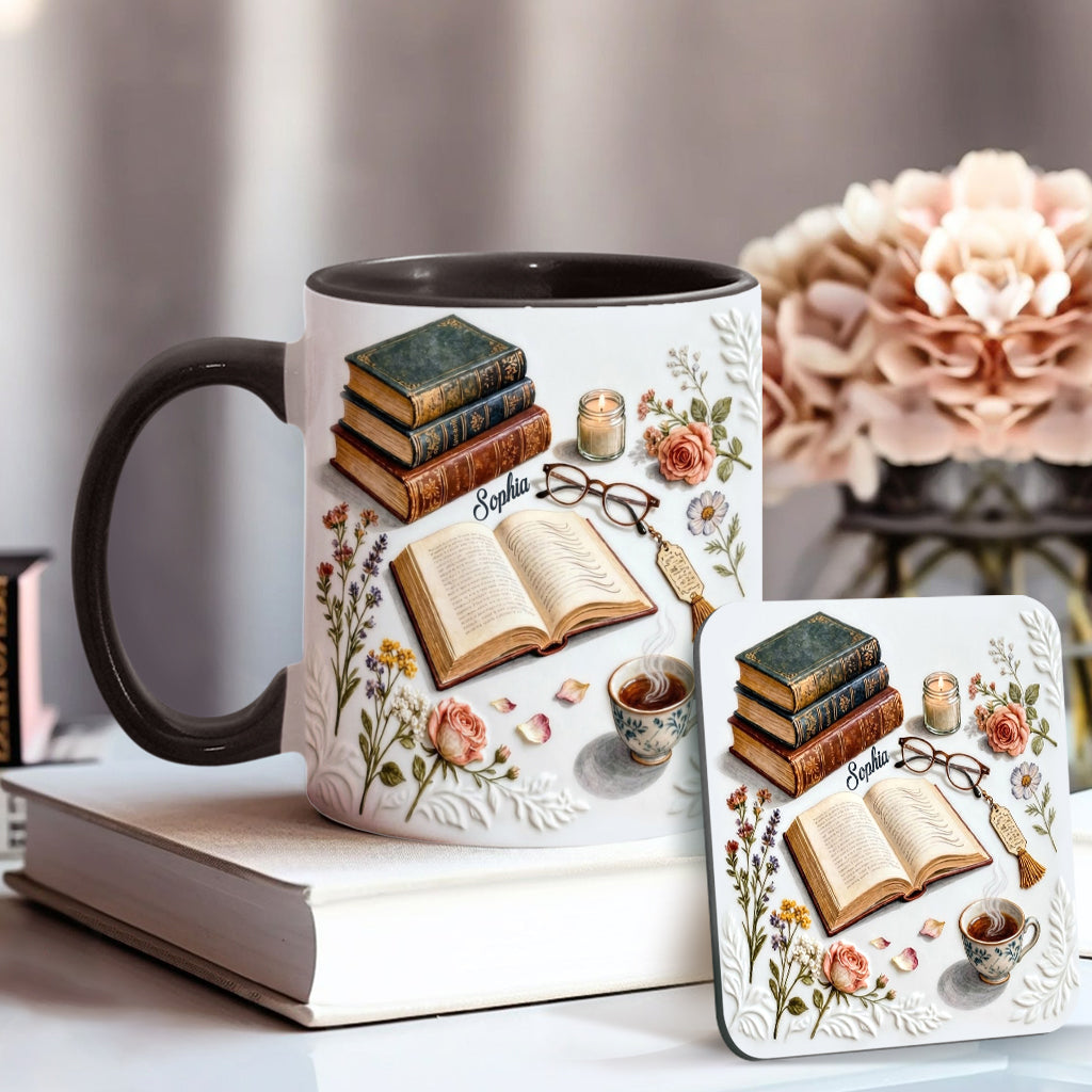 Einfach ein Mädchen, das Bücher liebt – Personalisierte Tasse und Untersetzer mit Buchmotiv