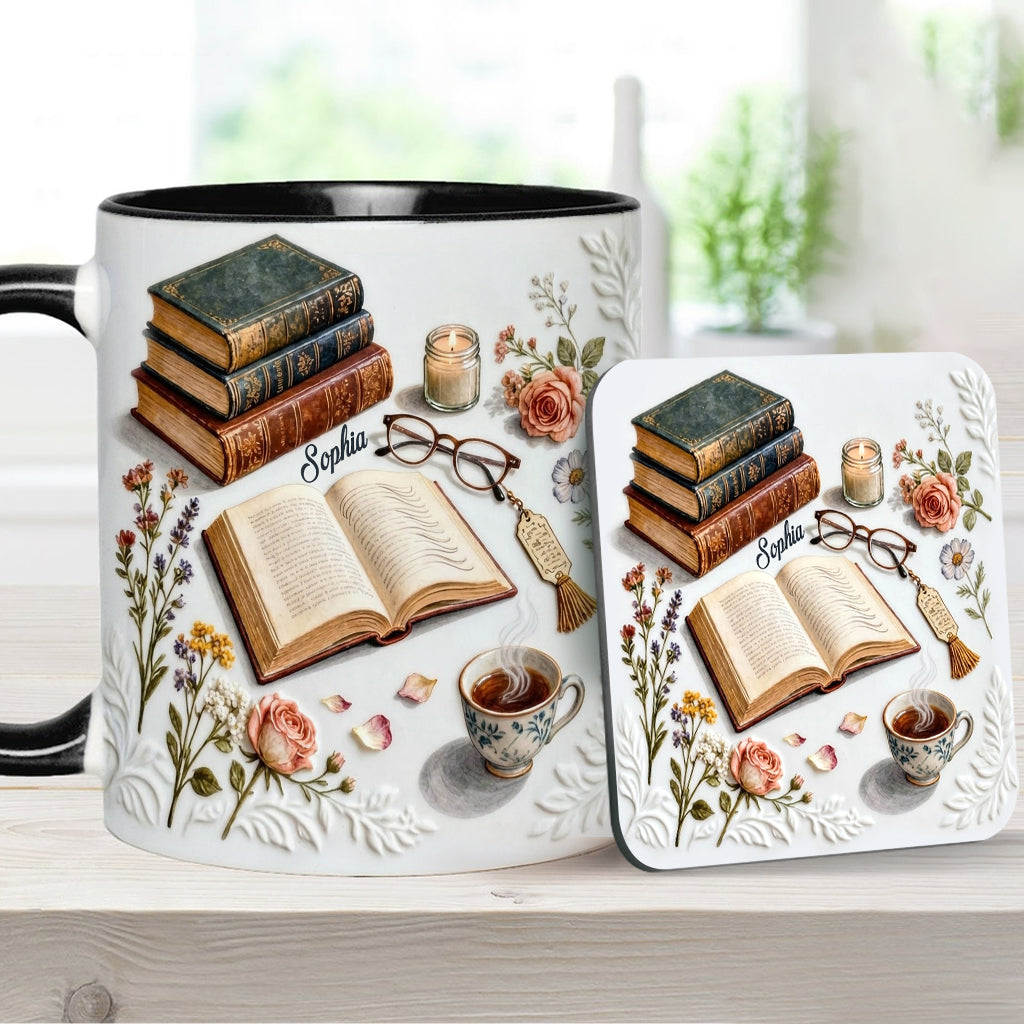 Einfach ein Mädchen, das Bücher liebt – Personalisierte Tasse und Untersetzer mit Buchmotiv
