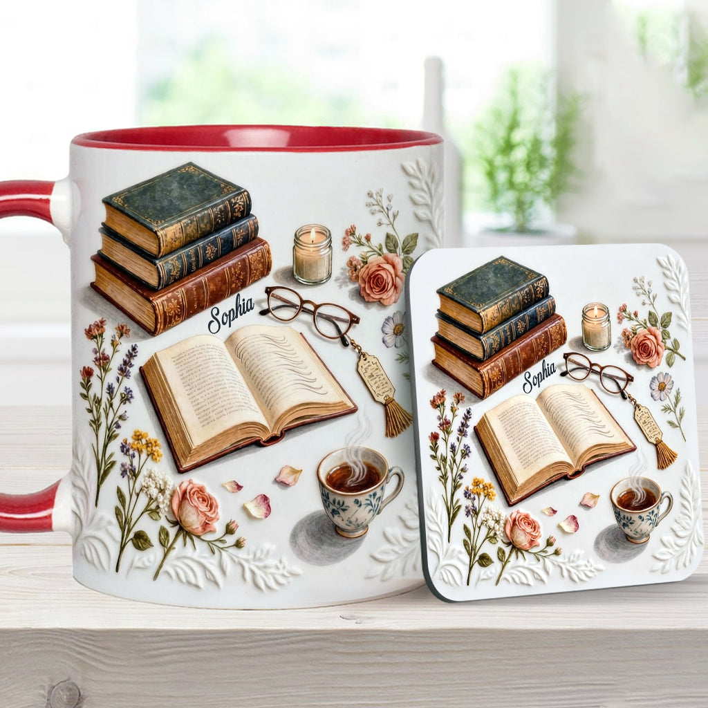 Einfach ein Mädchen, das Bücher liebt – Personalisierte Tasse und Untersetzer mit Buchmotiv