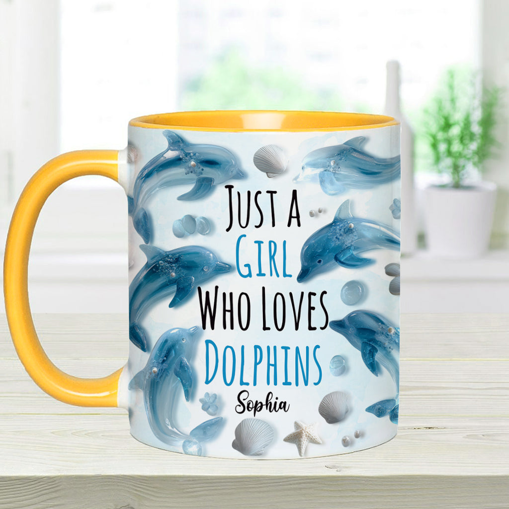 Einfach ein Mädchen, das Delfine liebt – personalisierte Tasse mit Delfinmotiv