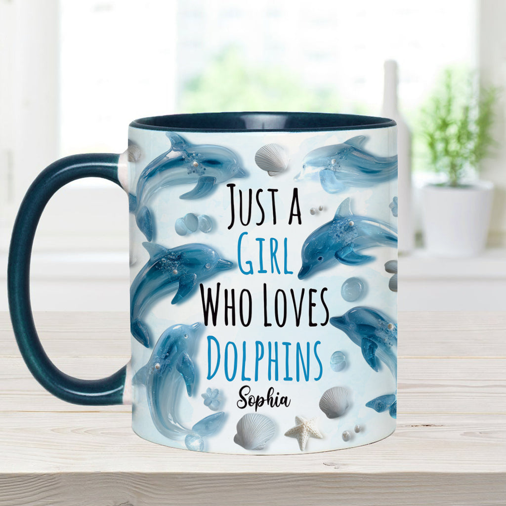 Einfach ein Mädchen, das Delfine liebt – personalisierte Tasse mit Delfinmotiv