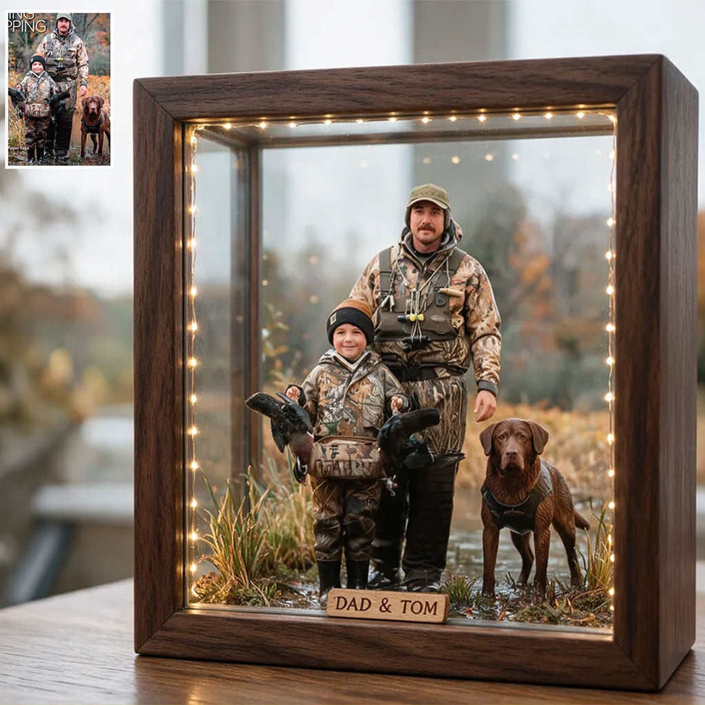 Miniature Style Gift, Custom From Any Photo - Personalized Hunting Wooden Frame LED Light