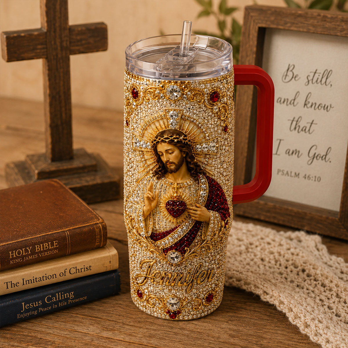 God Bless You - Personalized Christian Rhinestone Tumbler With Handle