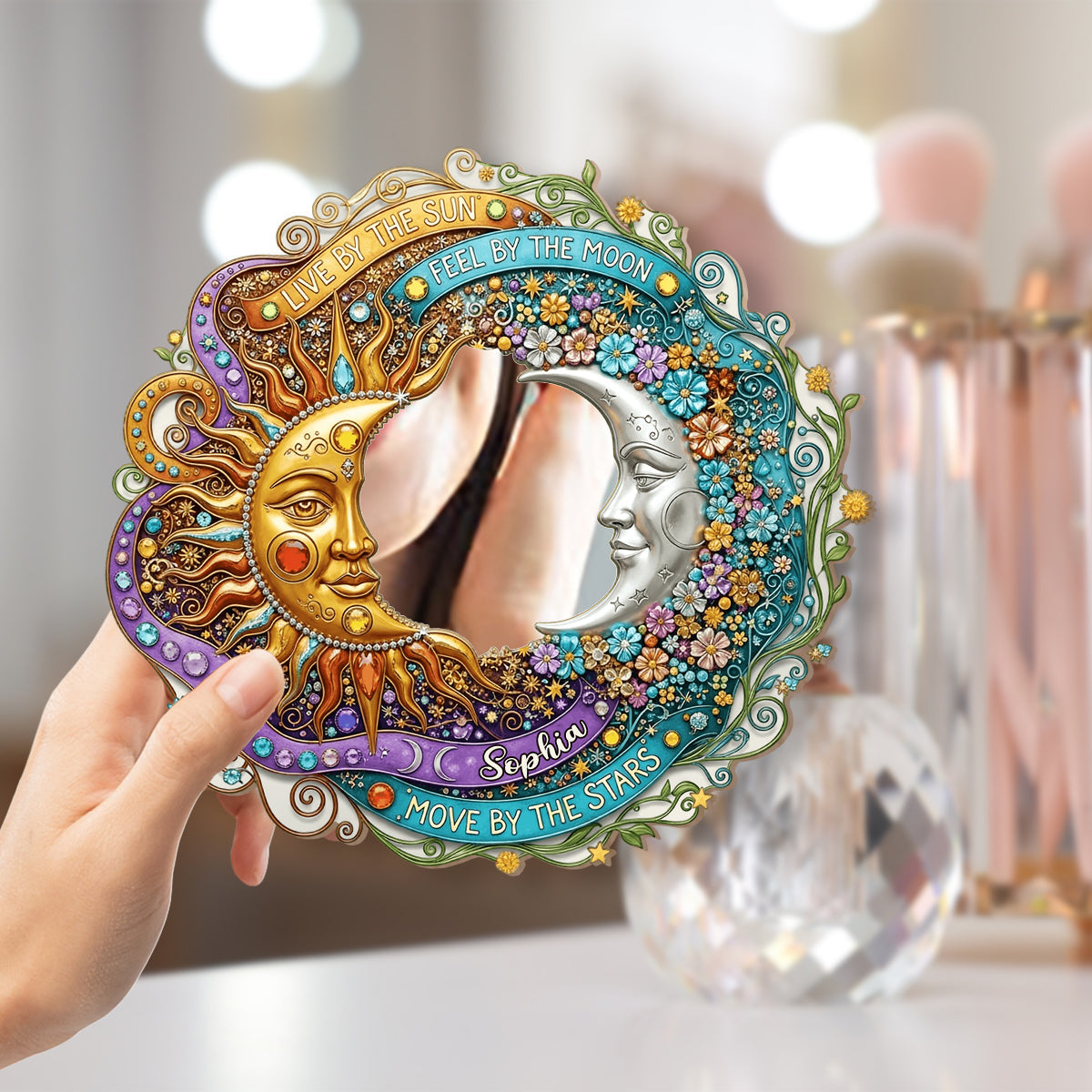 Lebe nach der Sonne, fühle nach dem Mond – Personalisierter Hippie-Wandspiegel