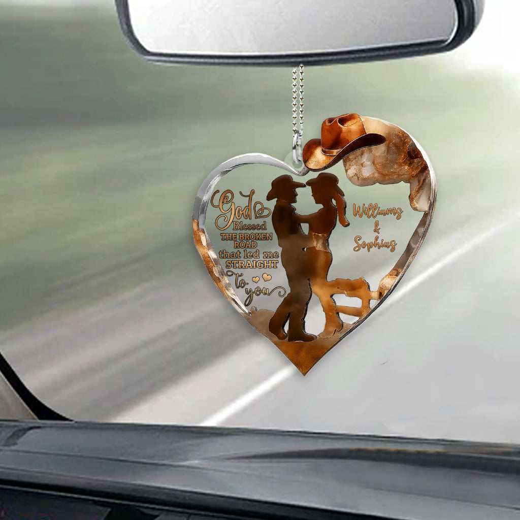 Cowboy- und Cowgirl-Pärchen – Gott segne sie – Personalisierter transparenter Autoanhänger im Cowgirl-Stil