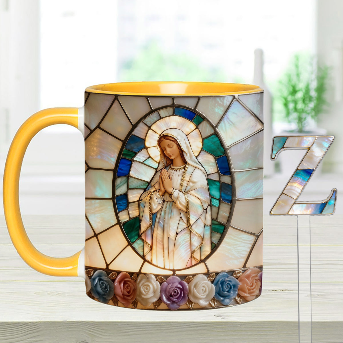 Unsere Liebe Frau der Gnade – Personalisierte christliche Tasse mit Acryl-Rührstäbchen