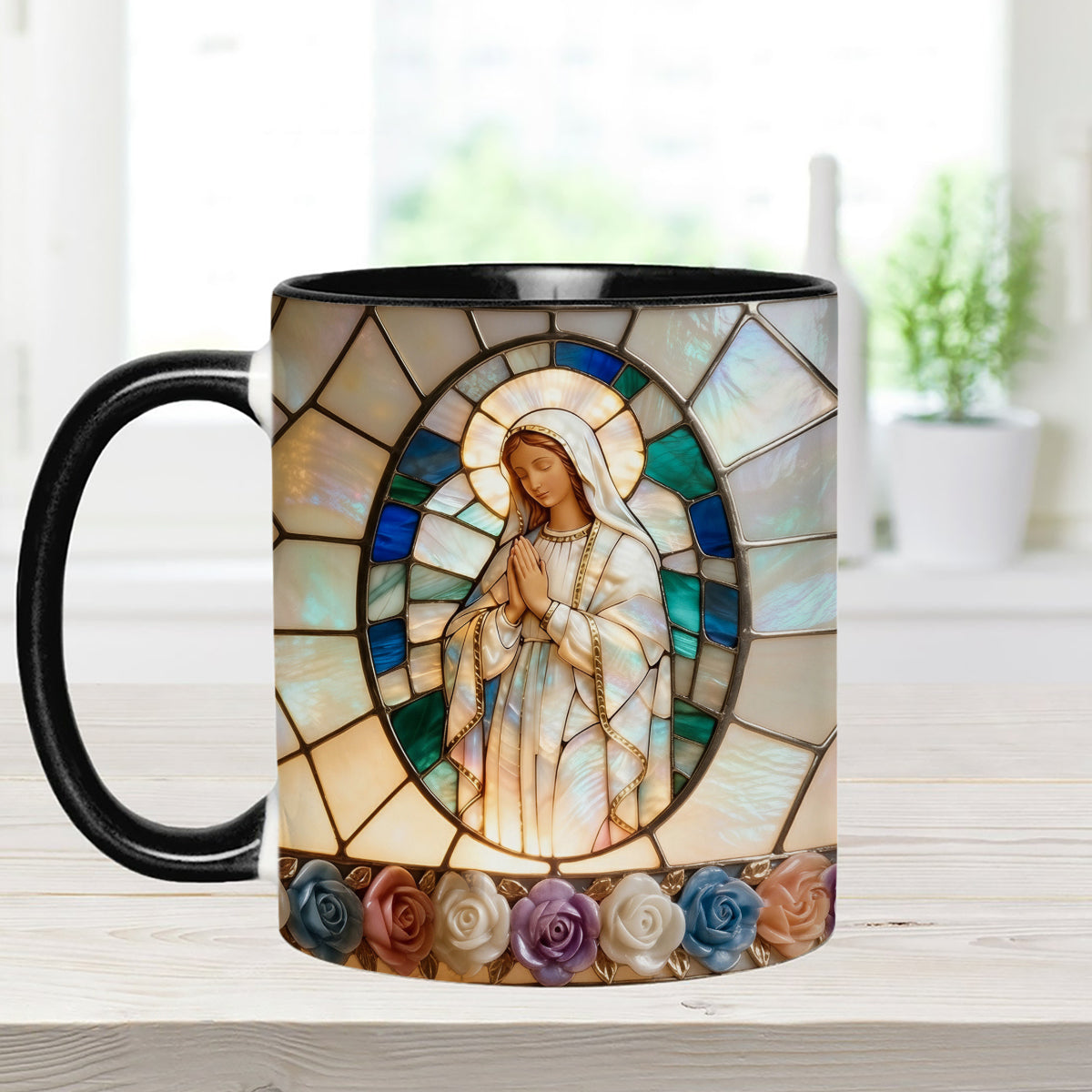 Unsere Liebe Frau der Gnade – Personalisierte christliche Tasse mit Acryl-Rührstäbchen