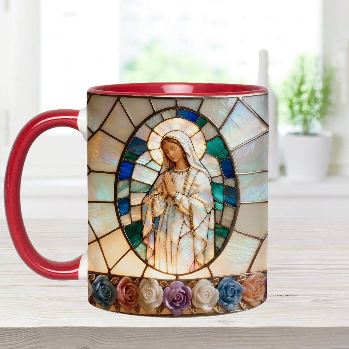 Unsere Liebe Frau der Gnade – Personalisierte christliche Tasse mit Acryl-Rührstäbchen