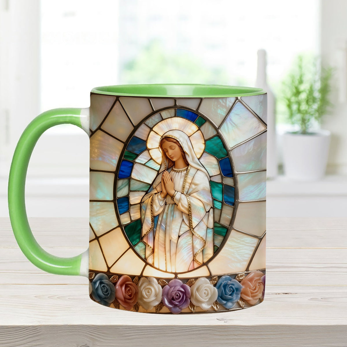 Unsere Liebe Frau der Gnade – Personalisierte christliche Tasse mit Acryl-Rührstäbchen