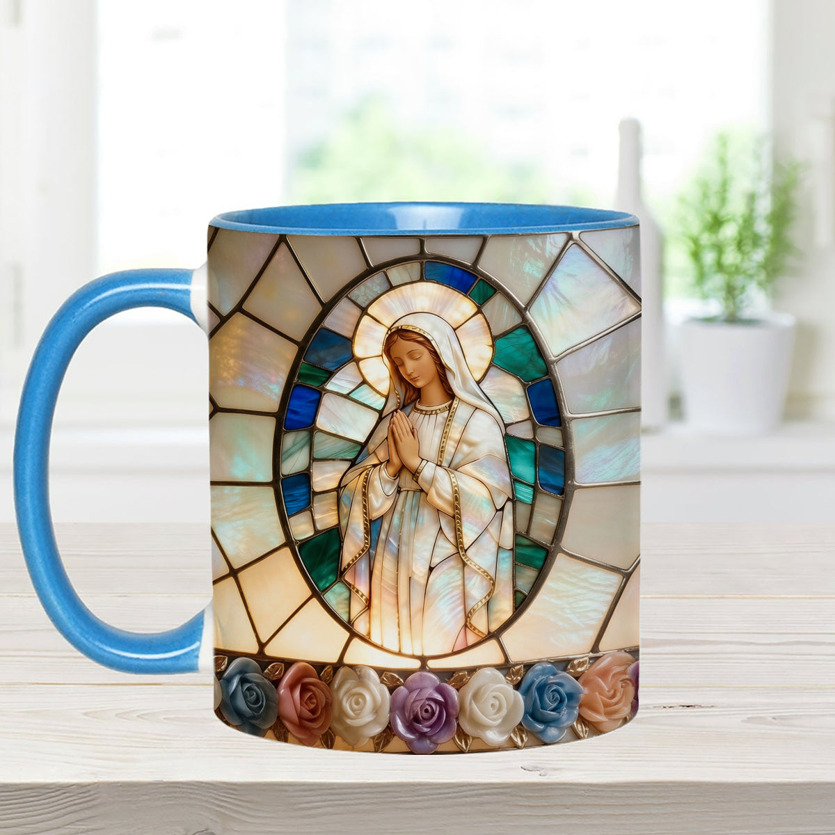 Unsere Liebe Frau der Gnade – Personalisierte christliche Tasse mit Acryl-Rührstäbchen
