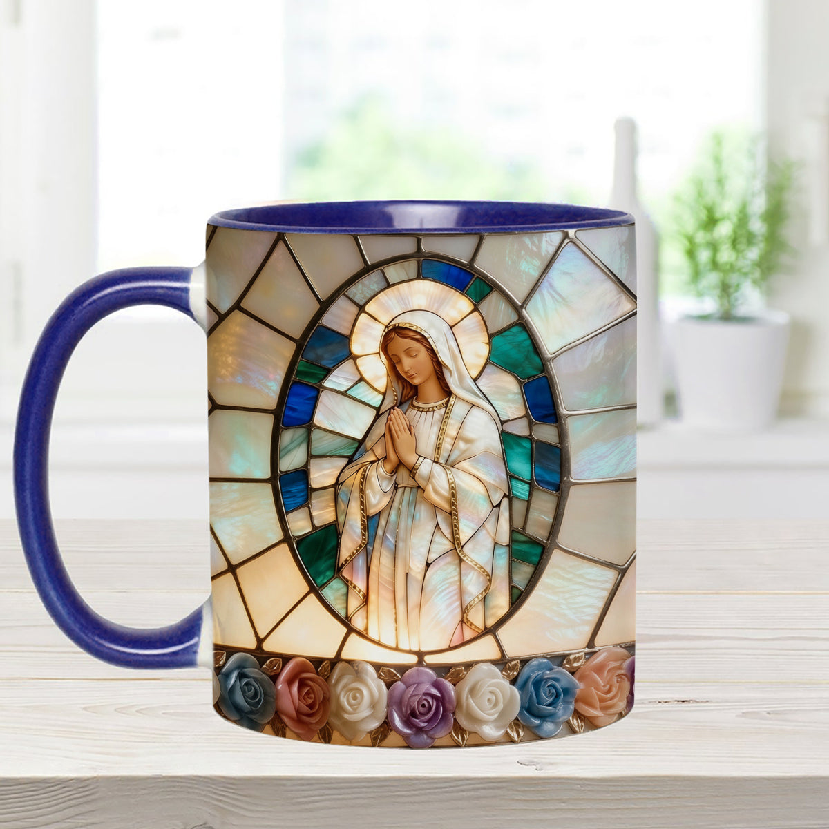 Unsere Liebe Frau der Gnade – Personalisierte christliche Tasse mit Acryl-Rührstäbchen