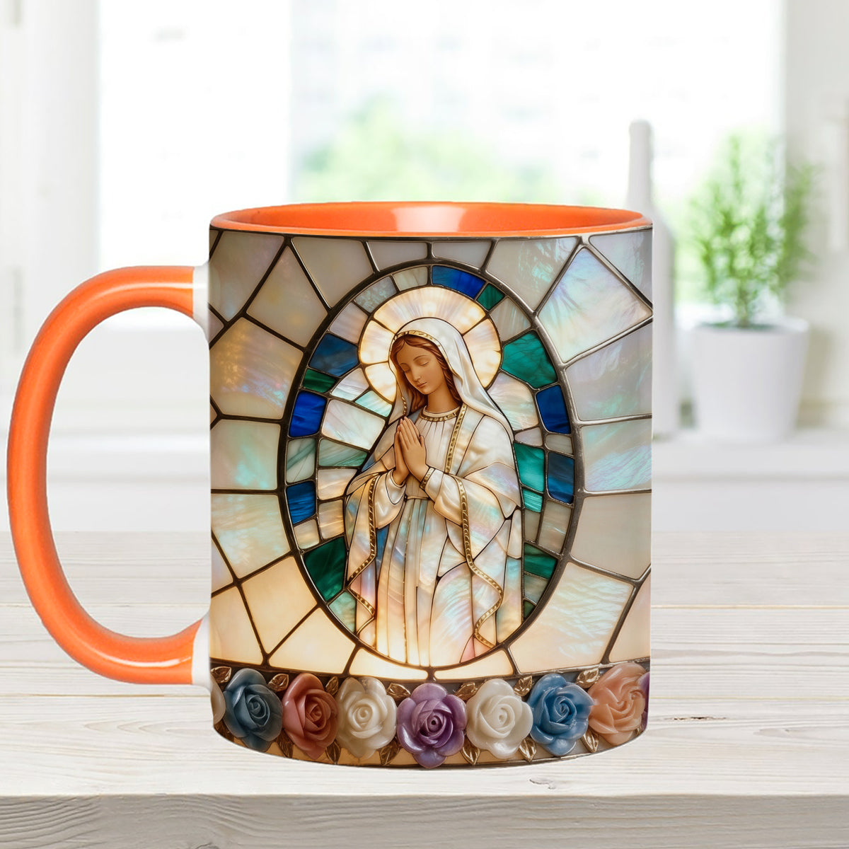 Unsere Liebe Frau der Gnade – Personalisierte christliche Tasse mit Acryl-Rührstäbchen