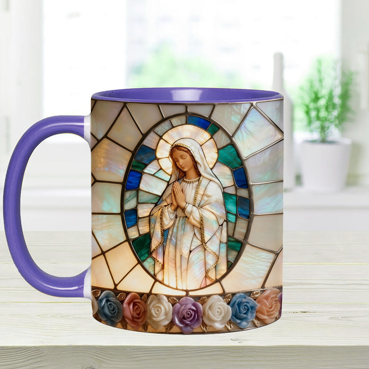 Unsere Liebe Frau der Gnade – Personalisierte christliche Tasse mit Acryl-Rührstäbchen