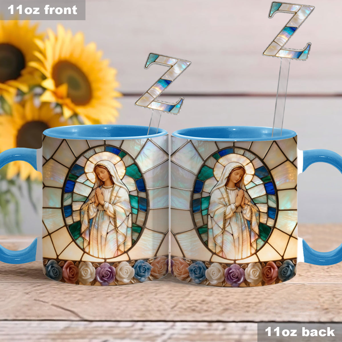 Unsere Liebe Frau der Gnade – Personalisierte christliche Tasse mit Acryl-Rührstäbchen