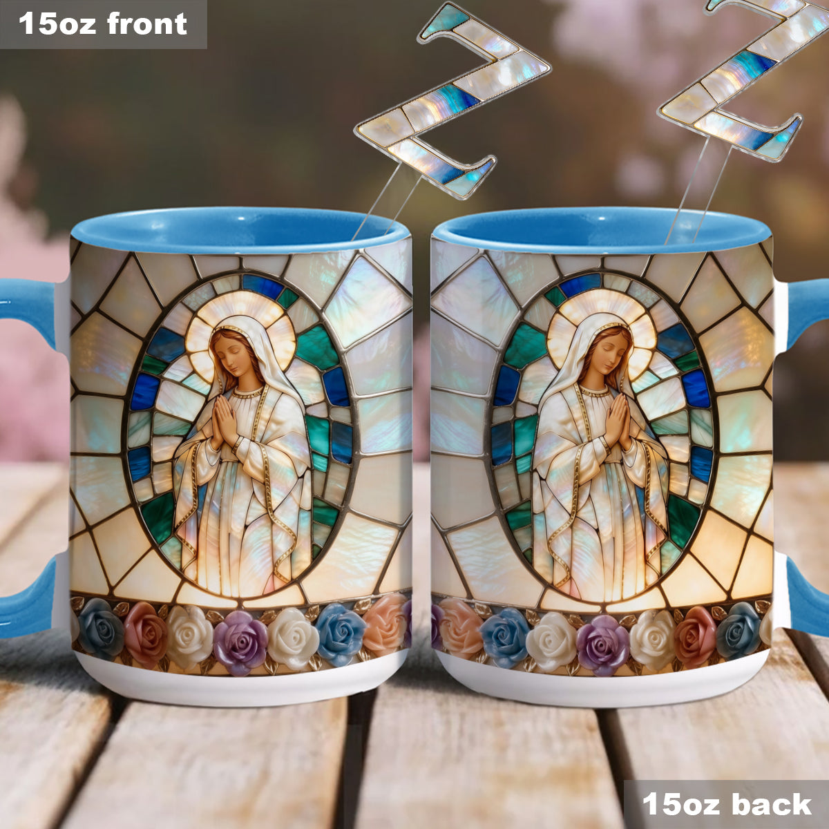 Unsere Liebe Frau der Gnade – Personalisierte christliche Tasse mit Acryl-Rührstäbchen