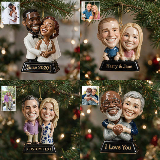 Funny Gift Cartoonish Exaggerated Mascot Caricature Style - Personalized Couple Custom Shape Ceramic Ornament