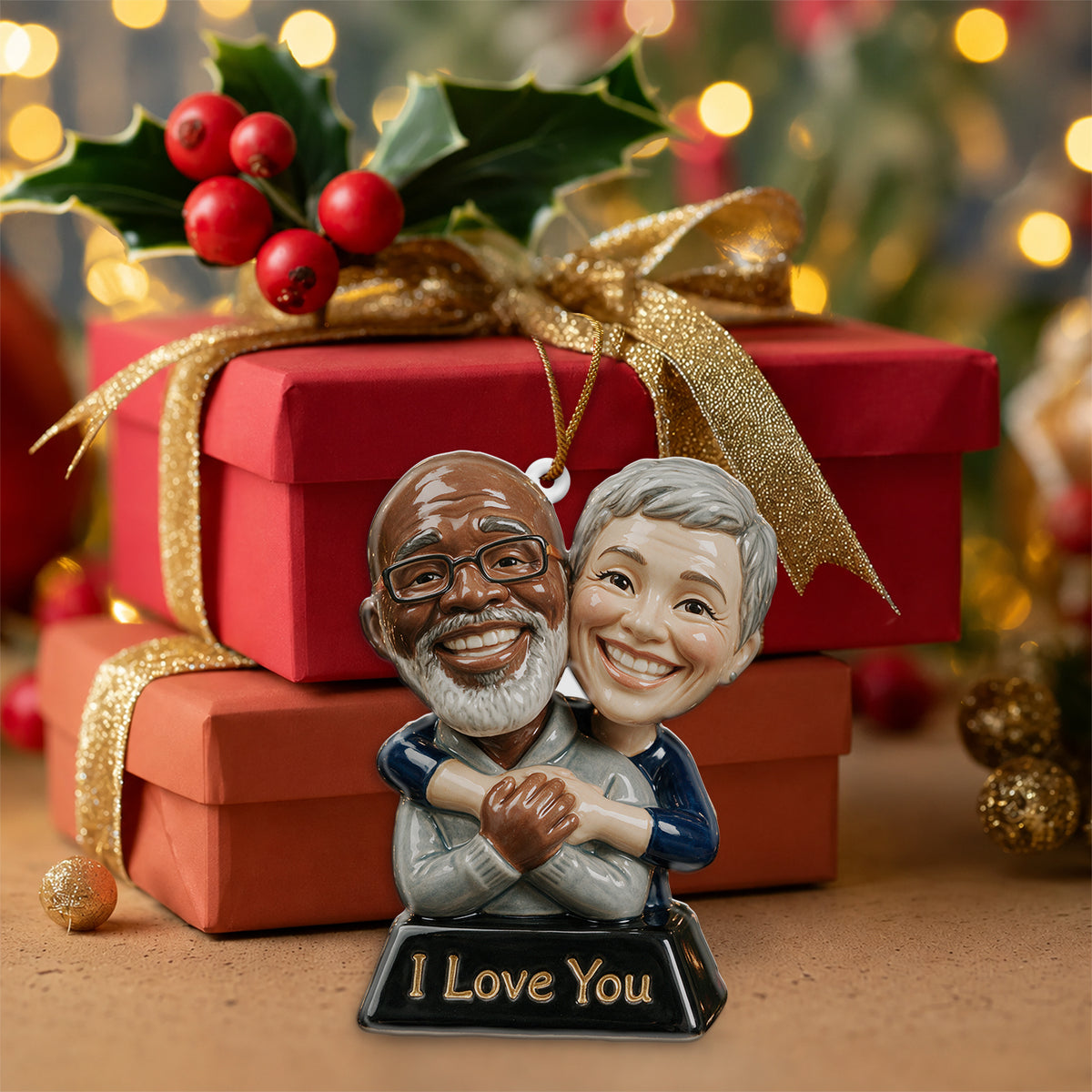Funny Gift Cartoonish Exaggerated Mascot Caricature Style - Personalized Couple Custom Shape Ceramic Ornament