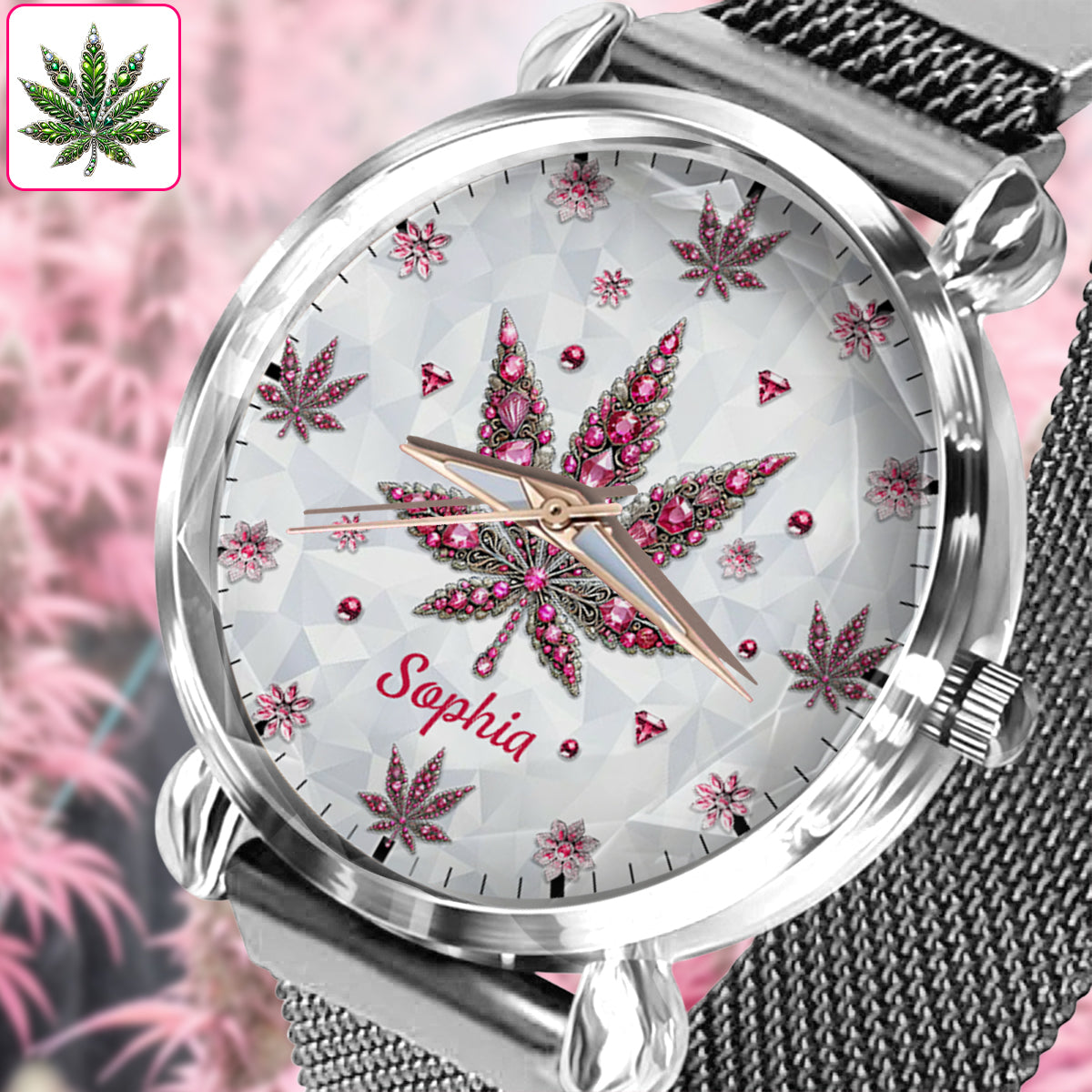 Atemberaubendes Blatt - Personalisierte Damen-Handuhr mit Cannabis-Motiv