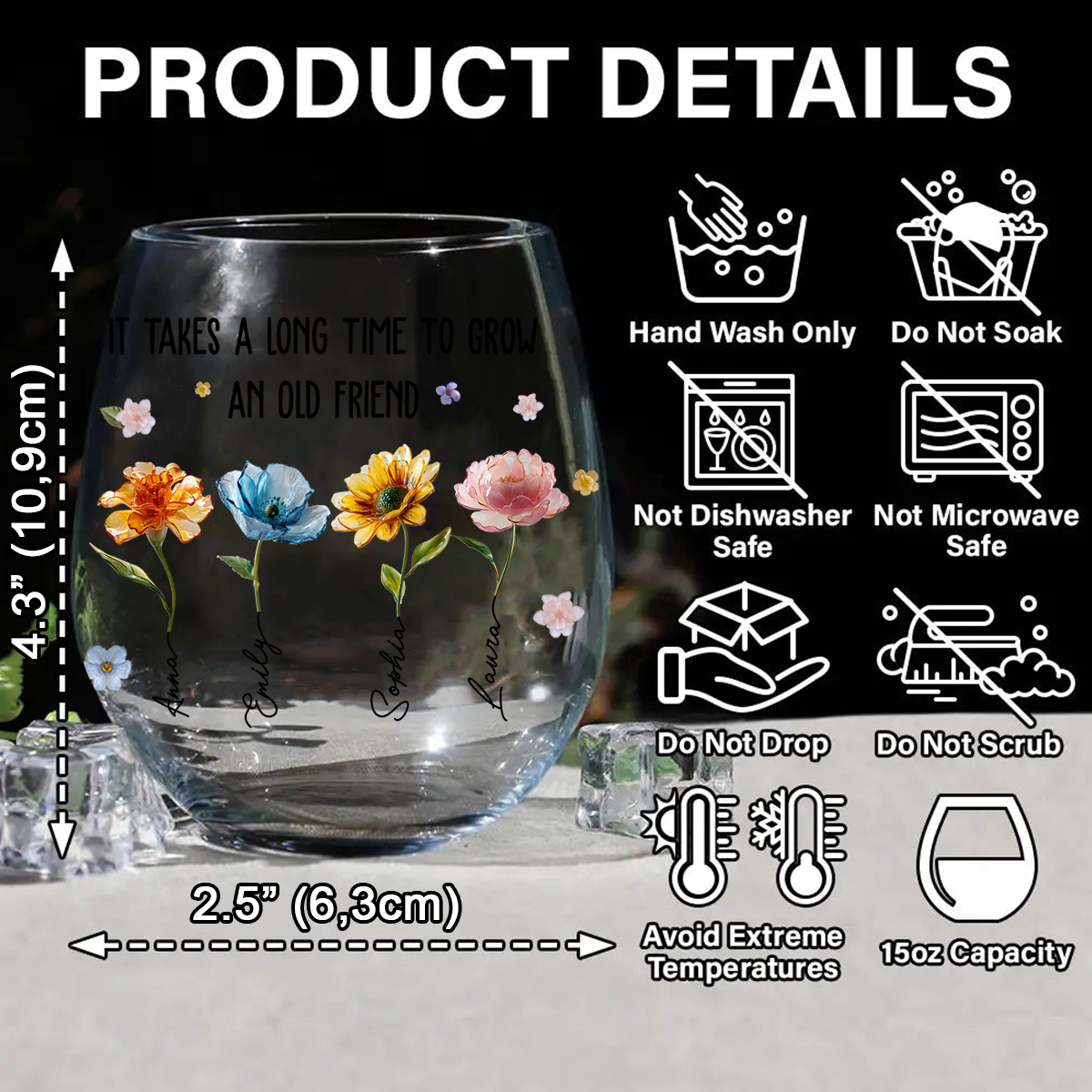 Es dauert lange, bis eine alte Freundschaft wächst – personalisiertes Weinglas mit der Aufschrift „Beste Freundin“.