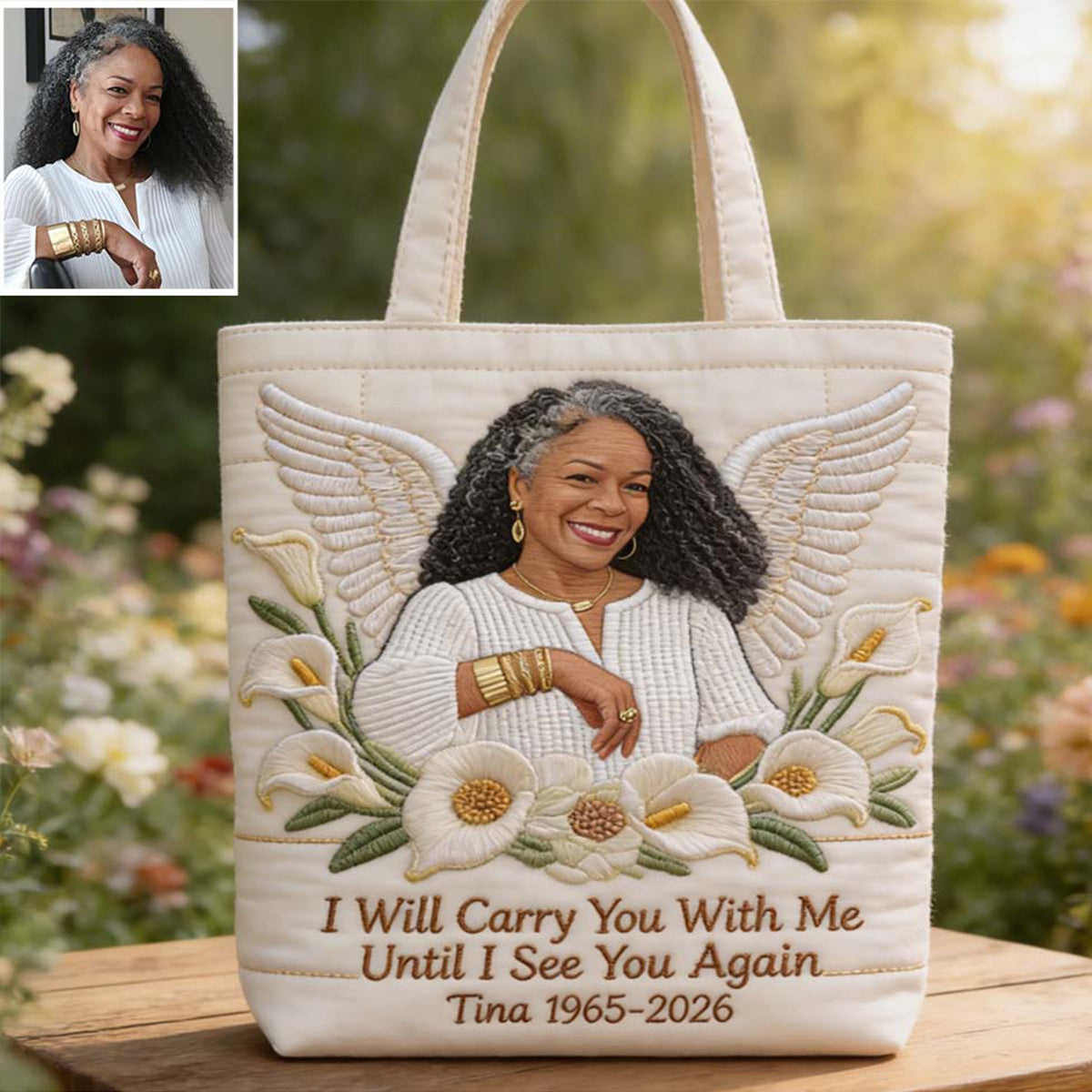 Custom Any Photo I Will Cary You With Me - Personalized Memorial Quilted Tote Bag
