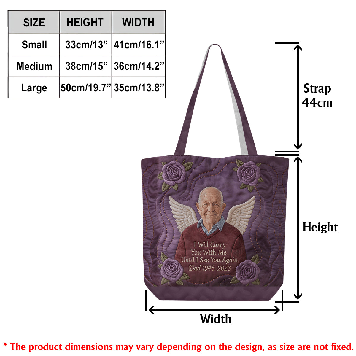Custom Any Photo I Will Cary You With Me - Personalized Memorial Quilted Tote Bag