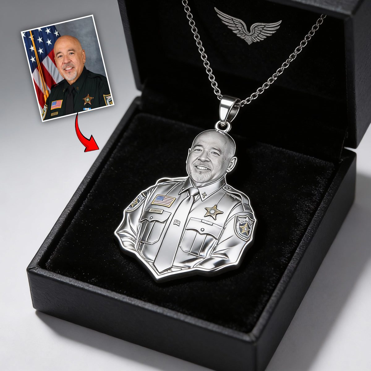 Feuerwehrmann, Polizist ... Jeder Beruf – Jedes Foto – Personalisierte Halskette mit Anhänger in Feuerwehrmannform