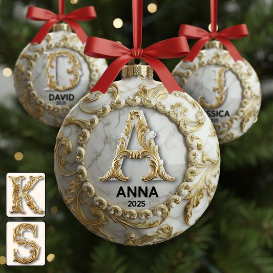 Individuell gestalteter goldener Marmor-Initial für die Familie, Frohe Weihnachten 2025 – Personalisierter Familienschmuck
